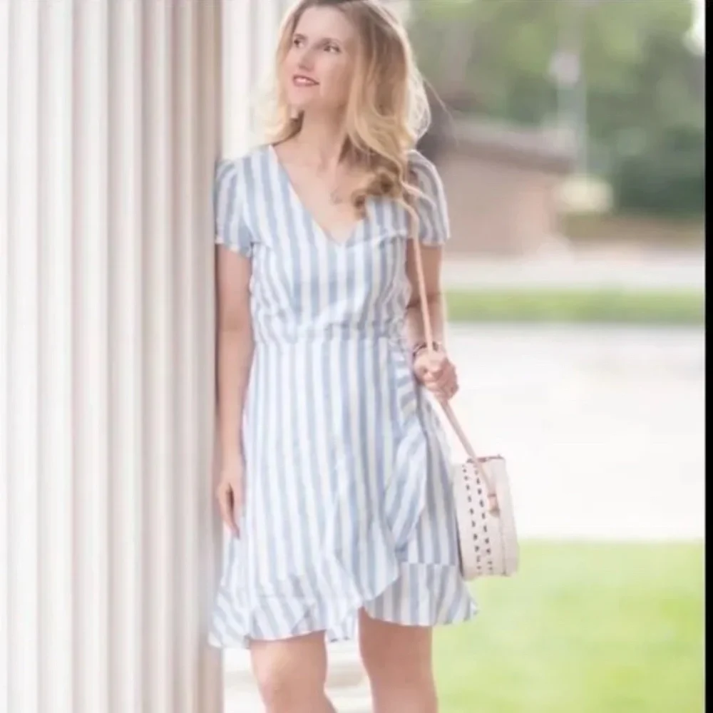 J. Crew Factory Blue and White Striped Faux Wrap Cotton Dress Size 6 - Picture 2 of 12